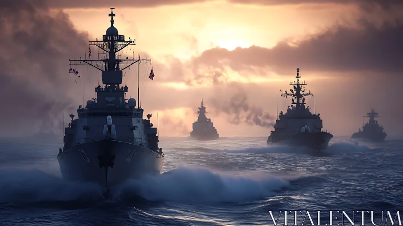 Warships slice through stormy seas under blazing dawn sky.