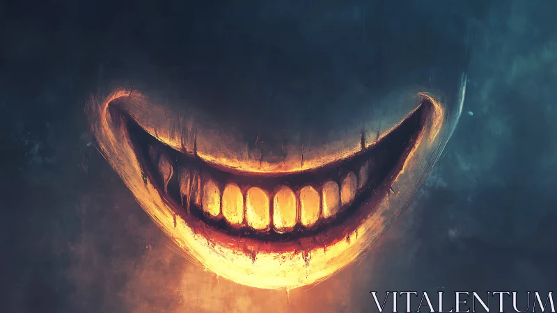 Burning demonic smile hangs in dark atmospheric void.