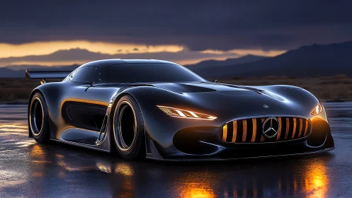 Futuristic Mercedes concept hypercar glows against a dusk horizon