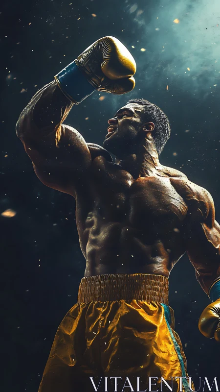 Muscular Boxer Victory Pose Glowing Particles