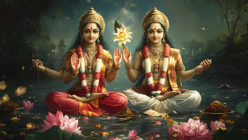 Dual seated Lakshmi icons in lotus-filled aqueous tableau.