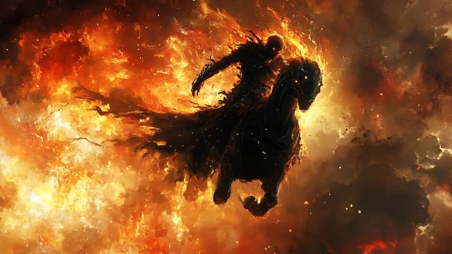 Silhouetted rider on dark horse within dense fiery cloudscape.