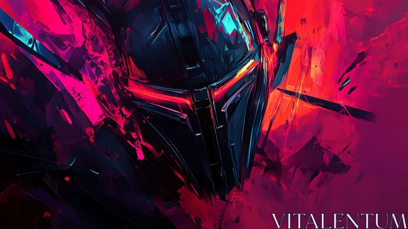 Cybernetic helm emerges in neon-saturated abstract digital vortex