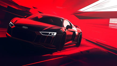 High-velocity Audi coupe in angular red digital motion field.