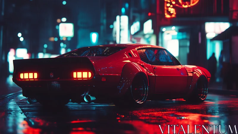 Widebody muscle car under neon rain in futuristic night street
