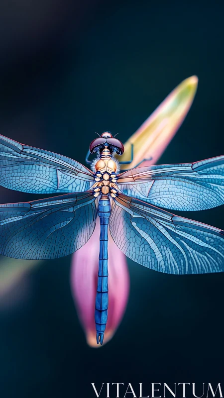 Blue dragonfly is centered in vertical macro composition