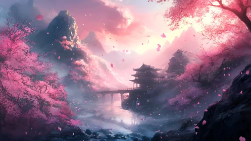 Atmospheric valley temple under volumetric light and sakura bloom