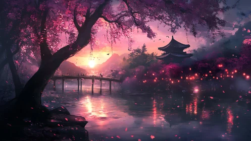 Sunset over cherry blossom bridge and riverside pagoda.