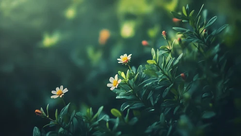 Delicate White Daisies Bloom in Soft Garden Light.