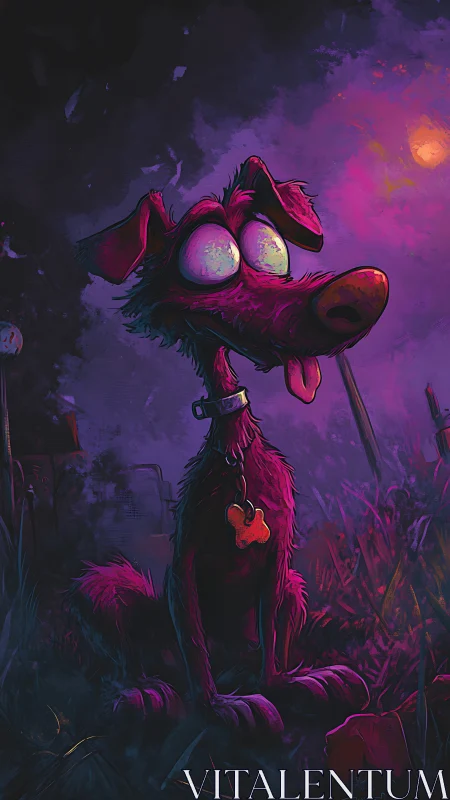 Bug-eyed twilight hound quietly soaks in neon moonrise glow