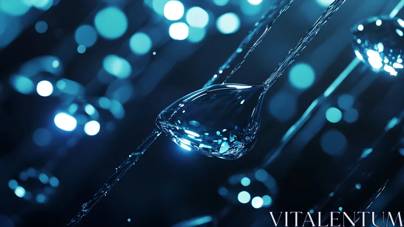 Crystal water droplet stretches midair within neon bokeh field