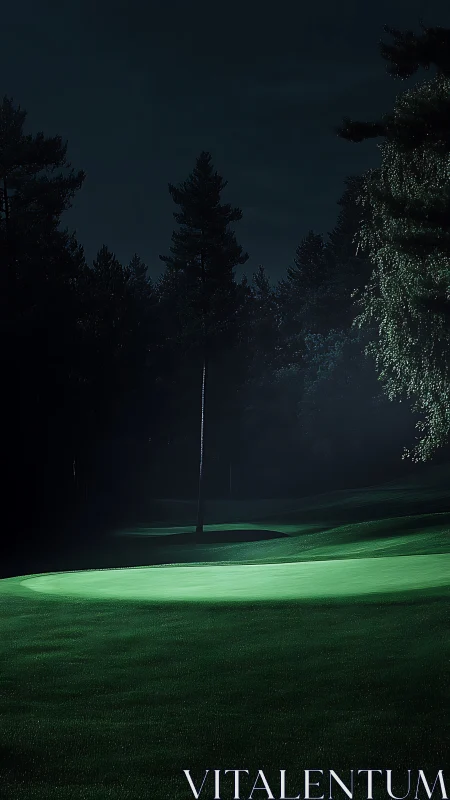 Midnight fairway spotlight bathing a lone green in silence.