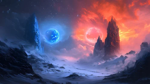 Bipolar exoplanet skyline with thermal duality and nebular veils.