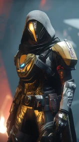 Hooded sci fi sentinel in gold armored exosuit portrait.