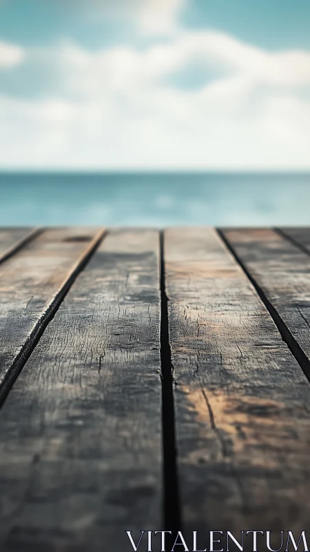 Photorealistic shallow-focus pier planks with coastal backdrop.