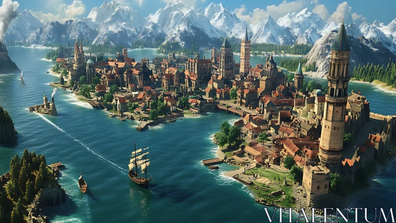 Riverside fortified town extends between channels and mountains