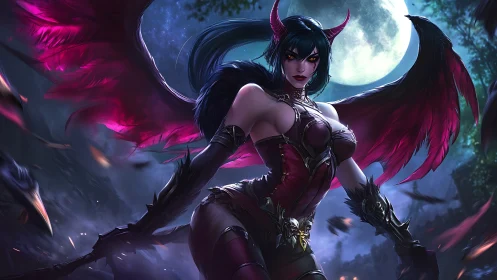 Nocturnal demon queen under full moon, high-fantasy digital painting.