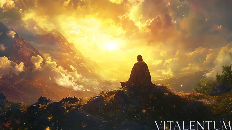 Solitary robed figure meditating under radiant sunrise sky.