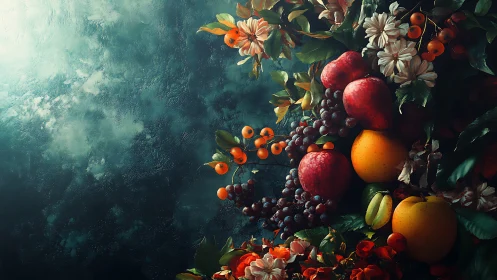 Digital still life of fruit cluster with flowers and moody bokeh.