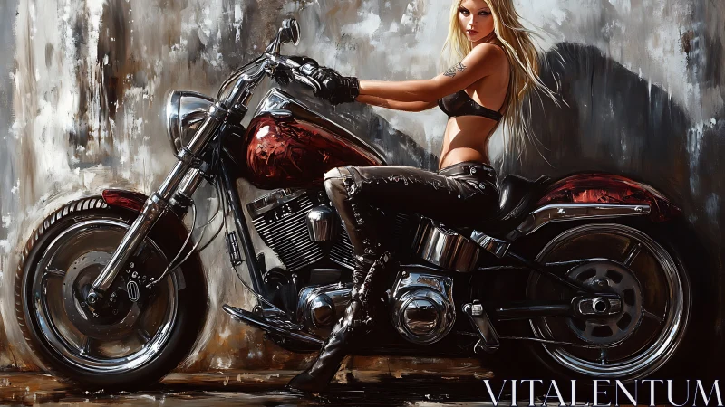 Detailed oil-styled rendering of woman posed on custom cruiser motorcycle
