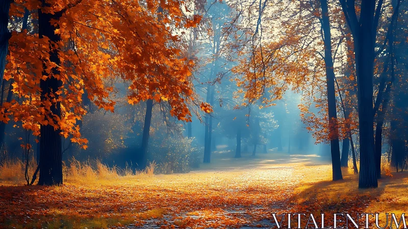 Autumn Forest Alley with Golden Foliage and Misty Depth.