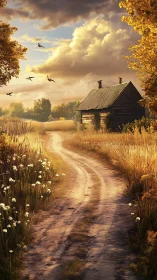Dusty autumn lane curls past a sunlit cottage of quiet stories