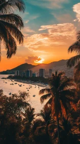 Tropical bay skyline at sunset with layered atmospheric depth.