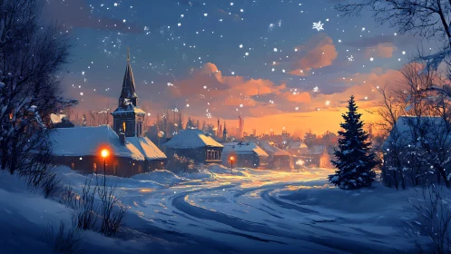Snow-lit village street curves under dusk sky with glowing lamps