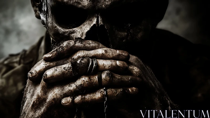 Brooding skeletal figure broods in gritty cinematic shadow