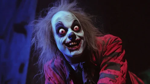 Grotesque clown demon portrait in vivid horror lighting.