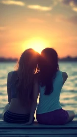Two friends sit on wooden pier watching warm sunset glow