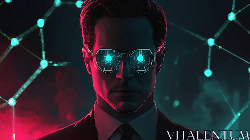 Cybernetic executive with neon HUD lenses and data lattice