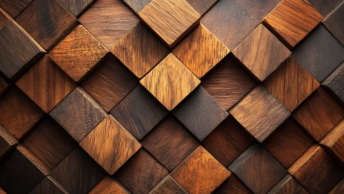 Geometric wood cubes forming warm dimensional wall surface.