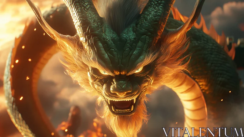 Cinematic firelit dragon head rendered with high-detail scales and volumetric glow