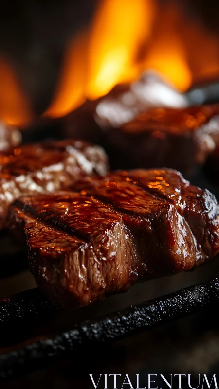 Grilled steak closeup with flames in soft blurred background.