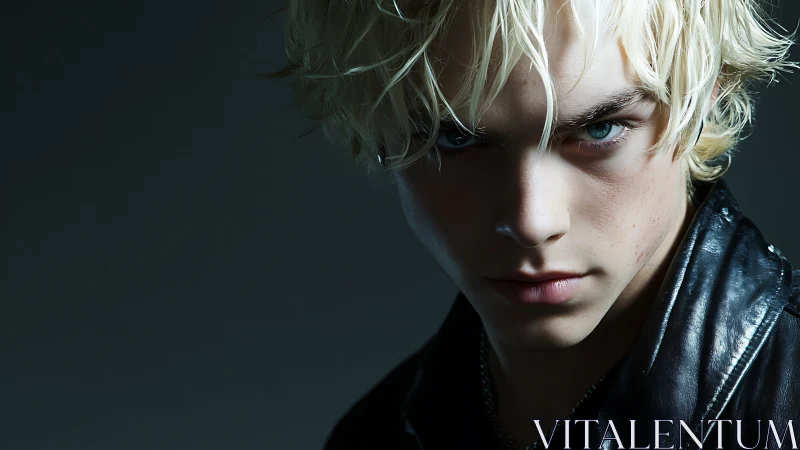 Close-up portrait of young man in dark studio setting.