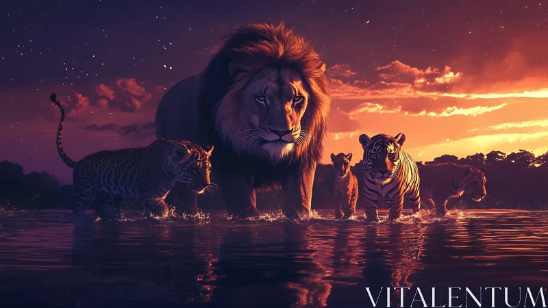 Large felids and feline group positioned at water's edge under dramatic sky.