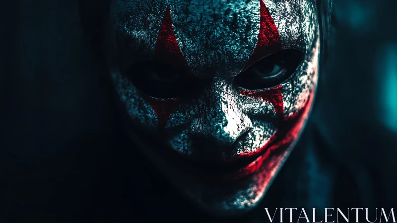 Clown-masked face fills frame under low-key cyan lighting