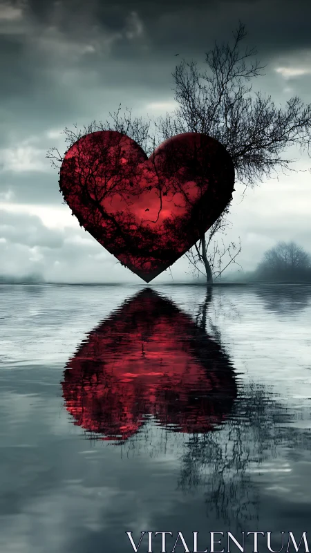 Bleeding Heart Over Water: Surreal Landscape with Crimson Heart-Shaped Form