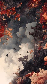 Autumn cliff pagoda amid storm-tossed clouds and circling crows