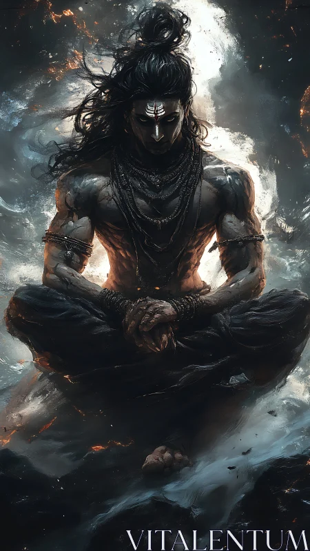 Fiery ascetic meditates calmly within swirling storm clouds