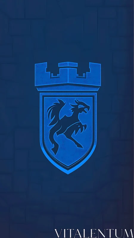 Heraldic blue escutcheon with rearing drake under crenelated tower.