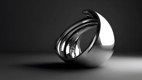 Abstract chrome sculpture on dark background, modern minimalist art.