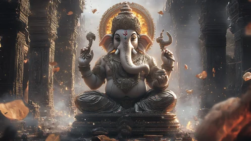 Hyperrealistic Ganesha idol in ornate stone temple interior