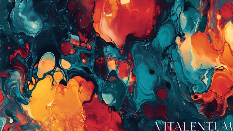 Fluid abstract composition with teal, orange, and red regions.