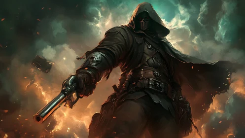 Hooded gunslinger in burning storm, dramatic low angle.