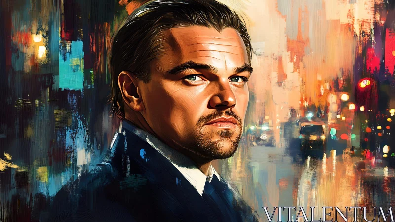 Digital male portrait in suit against abstract neon city bokeh