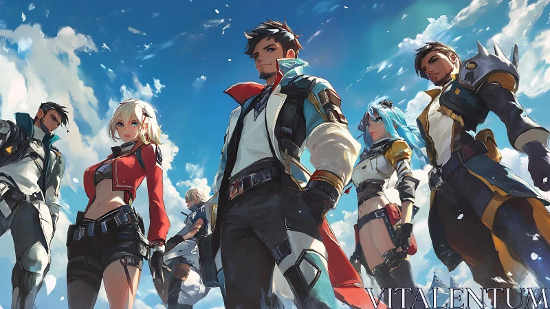 Bold skybound heroes gathered beneath bright drifting clouds.