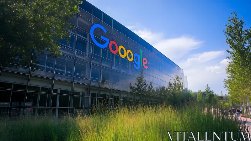 Corporate glass facade reflects landscaped tech campus environment