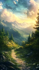 Sunlit mountain path winding through a quiet valley daydream.